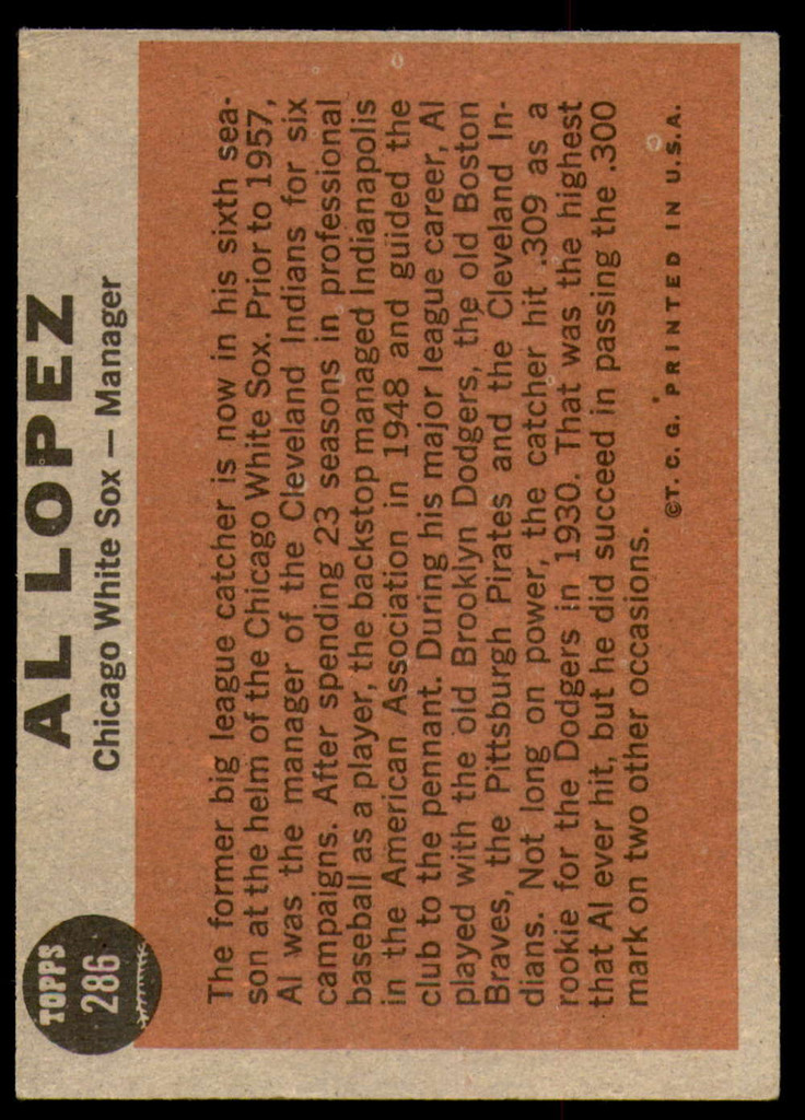 1962 Topps #286 Al Lopez MG Excellent+  ID: 189086