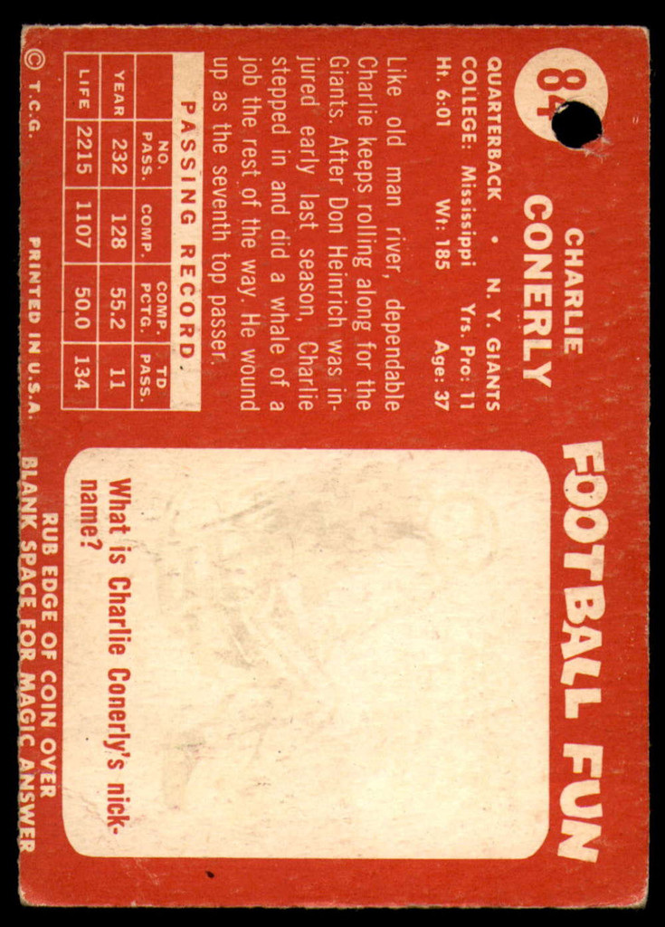 1958 Topps #84 Charley Conerly Poor 