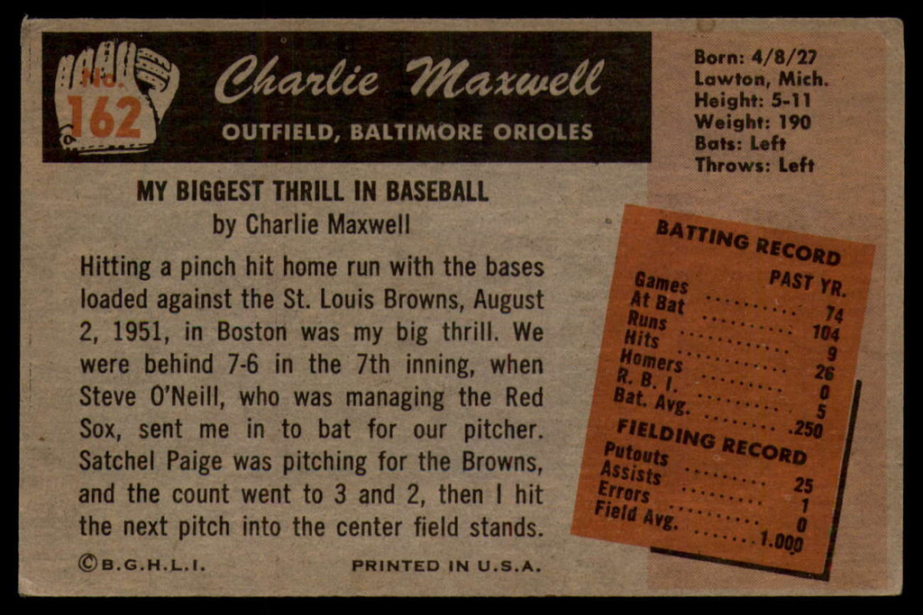 1955 Bowman #162 Charlie Maxwell EX++ Excellent++ 
