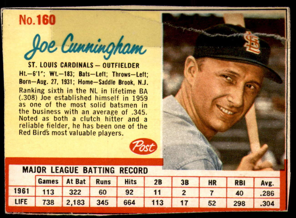 1962 Post Cereal #160 Joe Cunningham Poor  ID: 224441