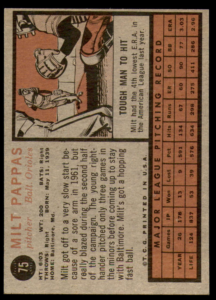1962 Topps #75 Milt Pappas Ex-Mint  ID: 188890