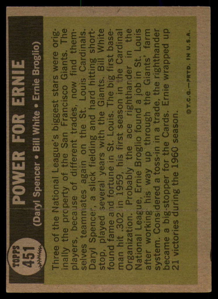 1961 Topps #451 Daryl Spencer/Bill White/Ernie Broglio Power For Ernie Ex-Mint  ID: 156392