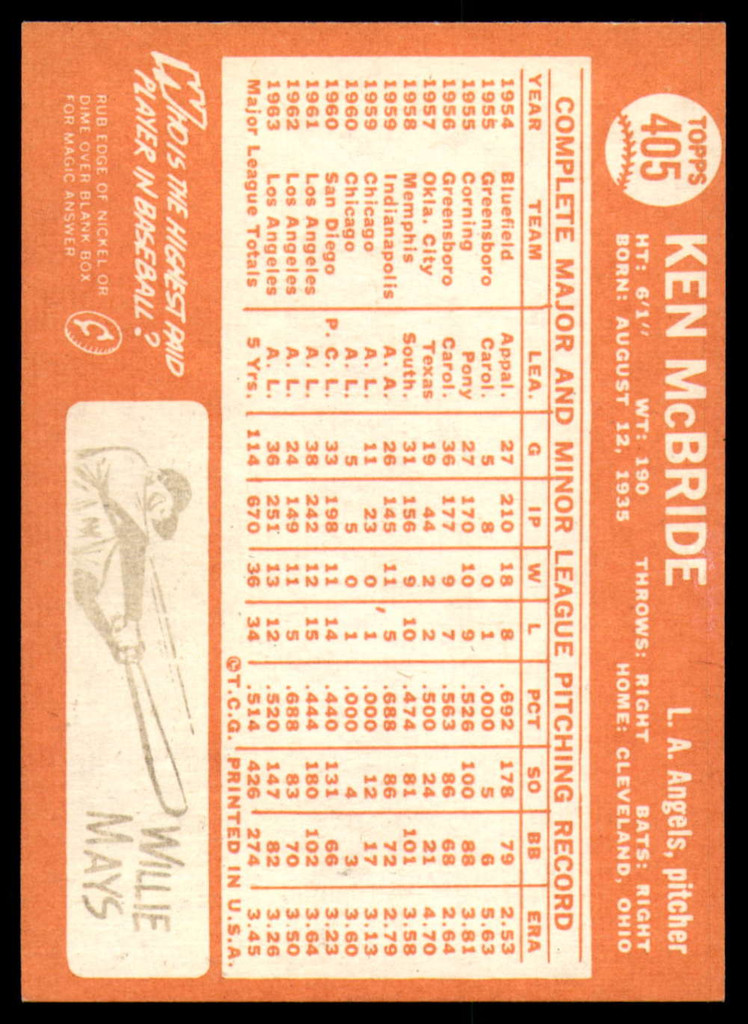 1964 Topps #405 Ken McBride Ex-Mint  ID: 160251