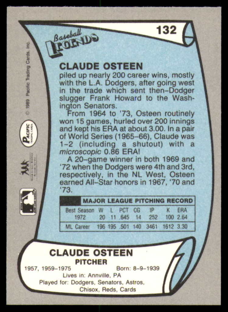 1989 Pacific Legends II #132 Claude Osteen Signed Auto 