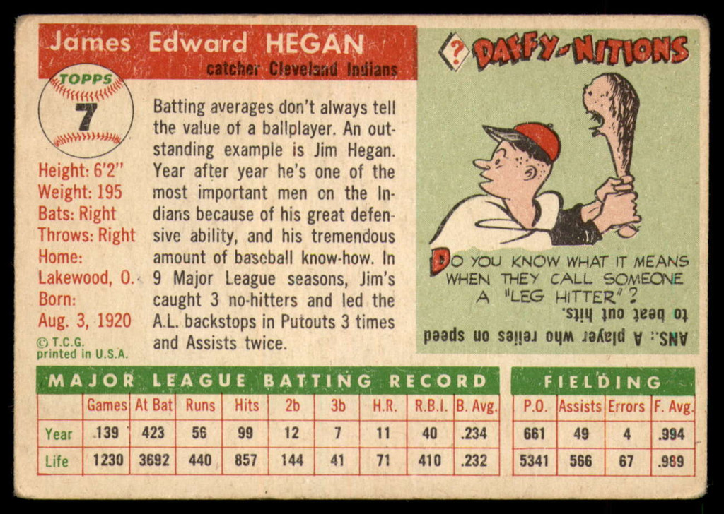 1955 Topps #7 Jim Hegan Very Good  ID: 138252