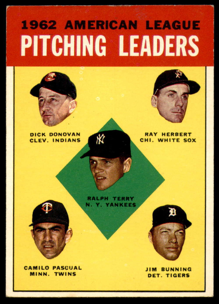 1963 Topps #   8 Terry/Donovan/Herbert/Pascual/Bunning AL Pitching Leaders Excellent+  ID: 189454