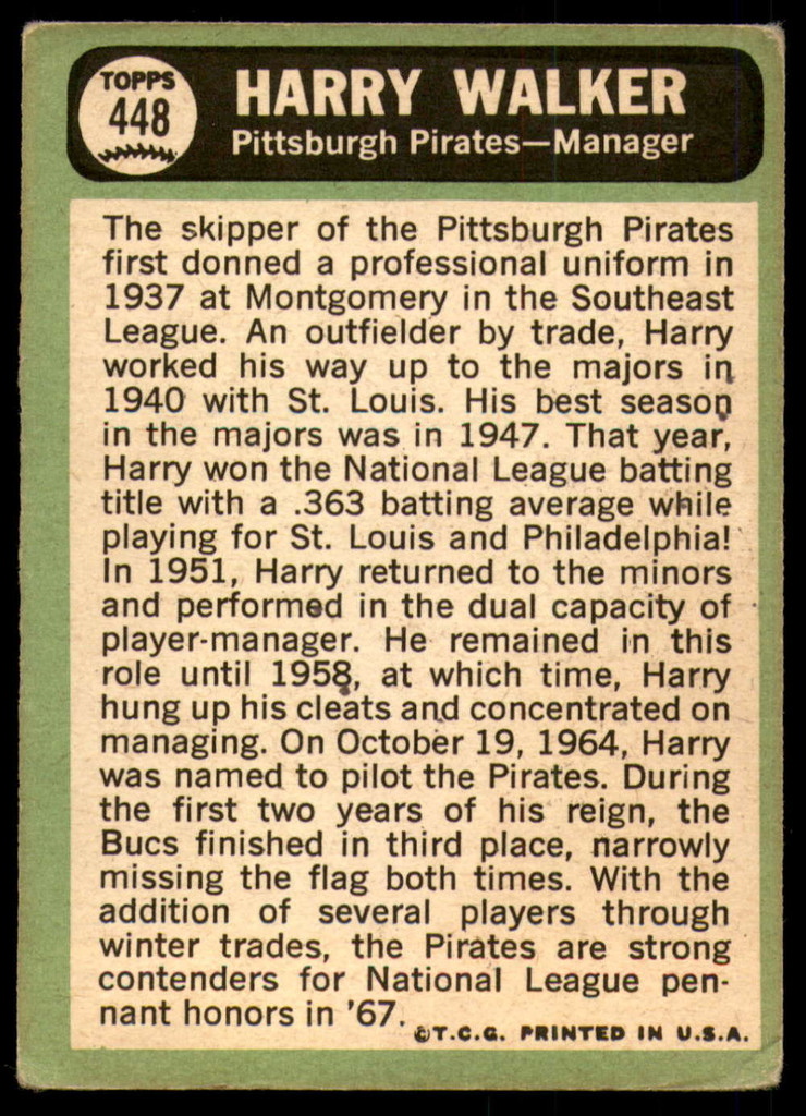 1967 Topps #448 Harry Walker MG/DP G-VG 