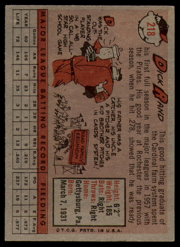 1958 Topps #218 Dick Rand EX++ Excellent++ RC Rookie