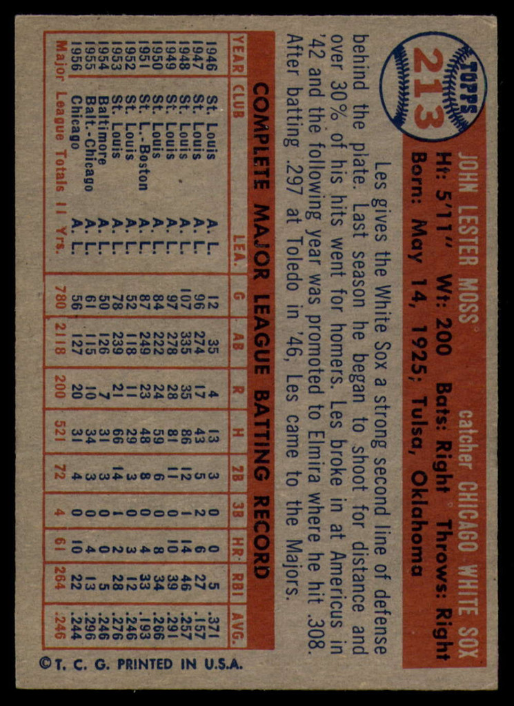 1957 Topps #213 Les Moss EX++ Excellent++  ID: 115506