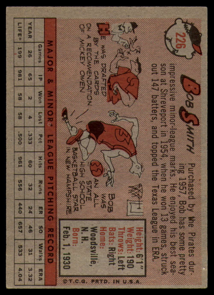 1958 Topps #226 Bob Smith UER EX++ Excellent++ RC Rookie ID: 106299
