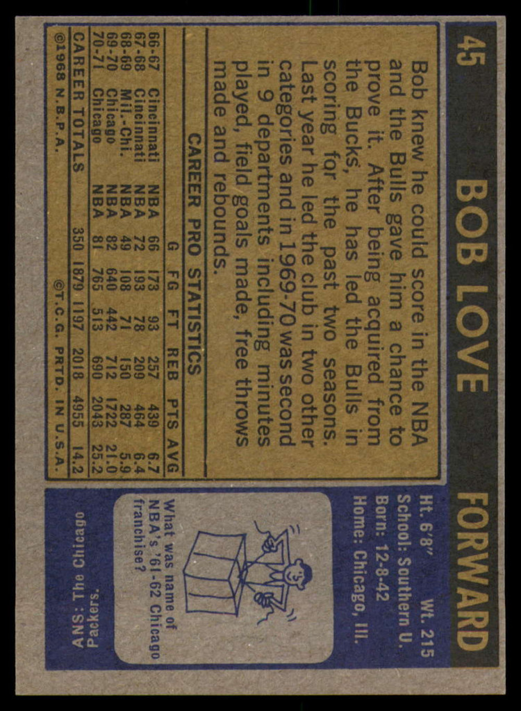 1971-72 Topps # 45 Bob Love DP Near Mint  ID: 158269