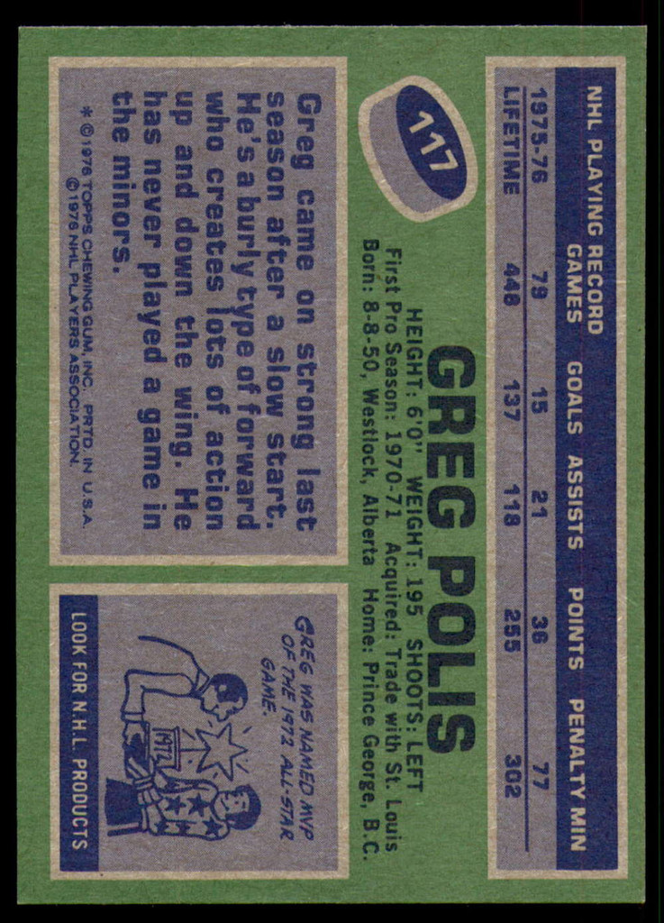 1976-77 Topps #117 Greg Polis Near Mint or Better 