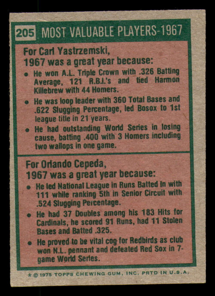 1975 Topps #205 Carl Yastrzemski/Orlando Cepeda 1967 MVP's Miscut 