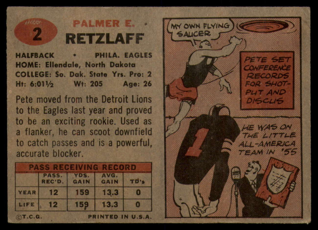 1957 Topps #2 Pete Retzlaff Very Good RC Rookie ID: 180342