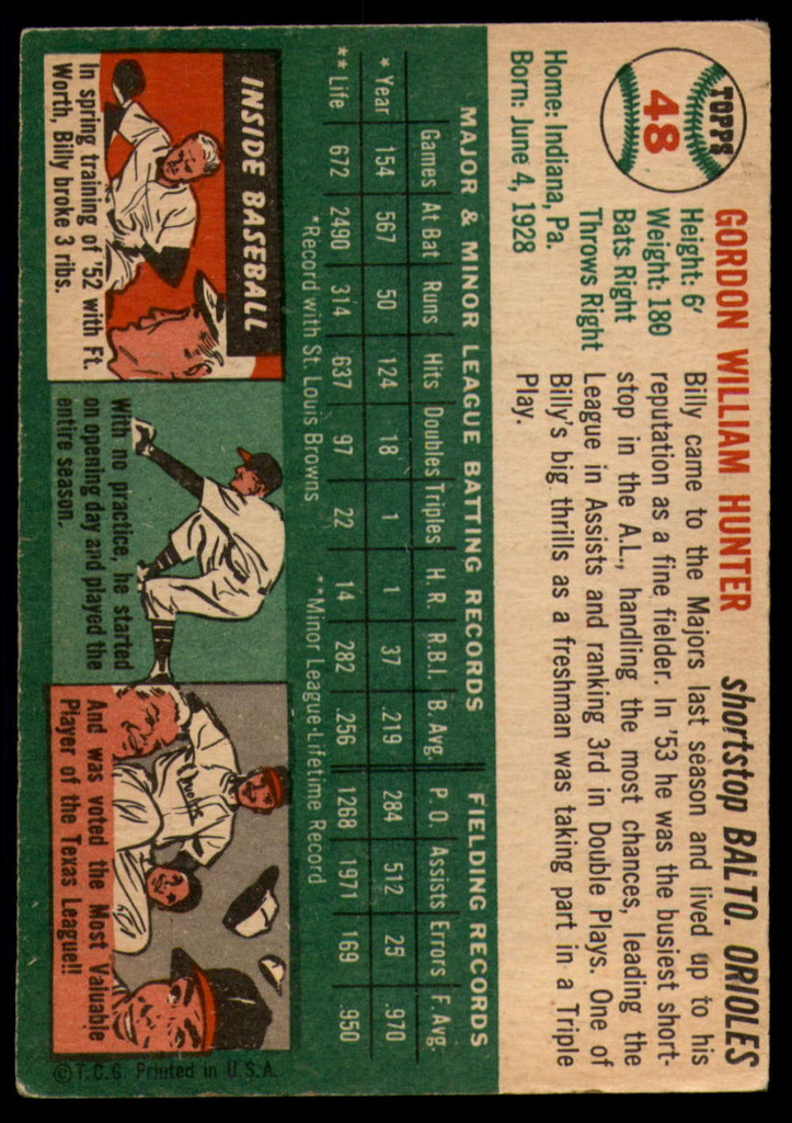 1954 Topps #48 Billy Hunter VG Very Good 