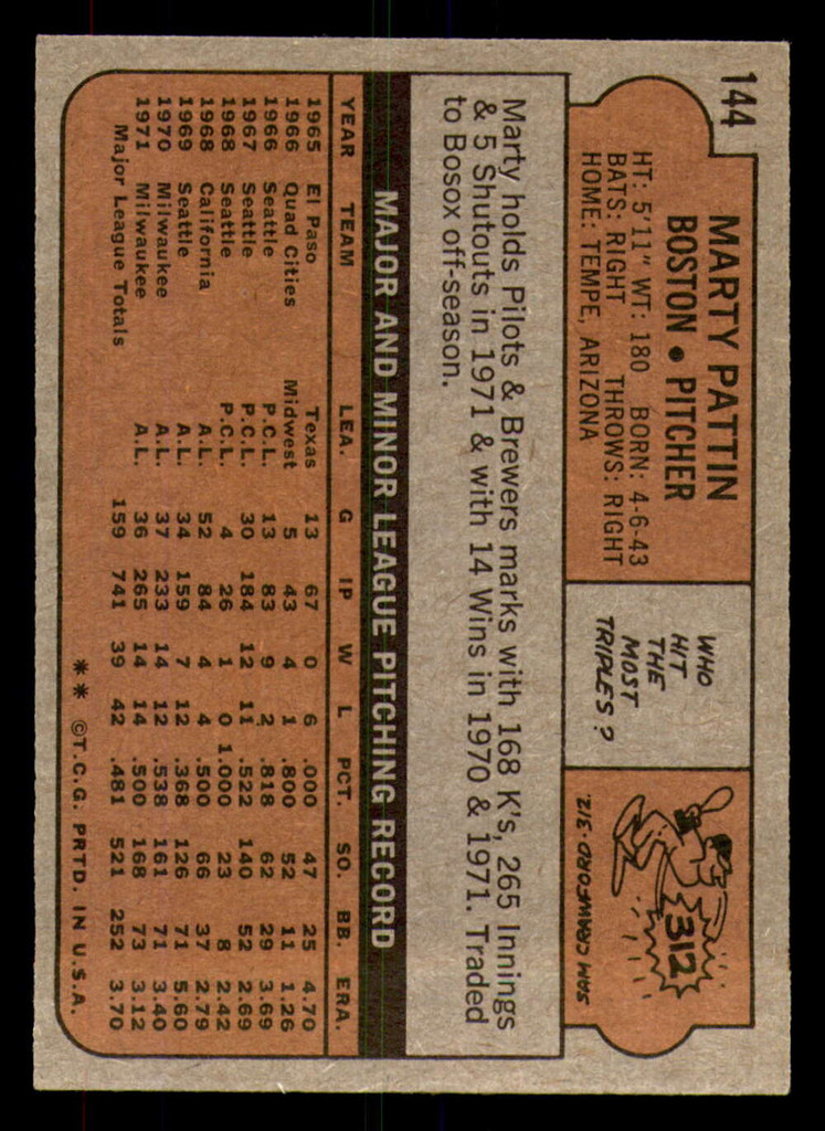 1972 Topps #144 Marty Pattin Ex-Mint  ID: 294581