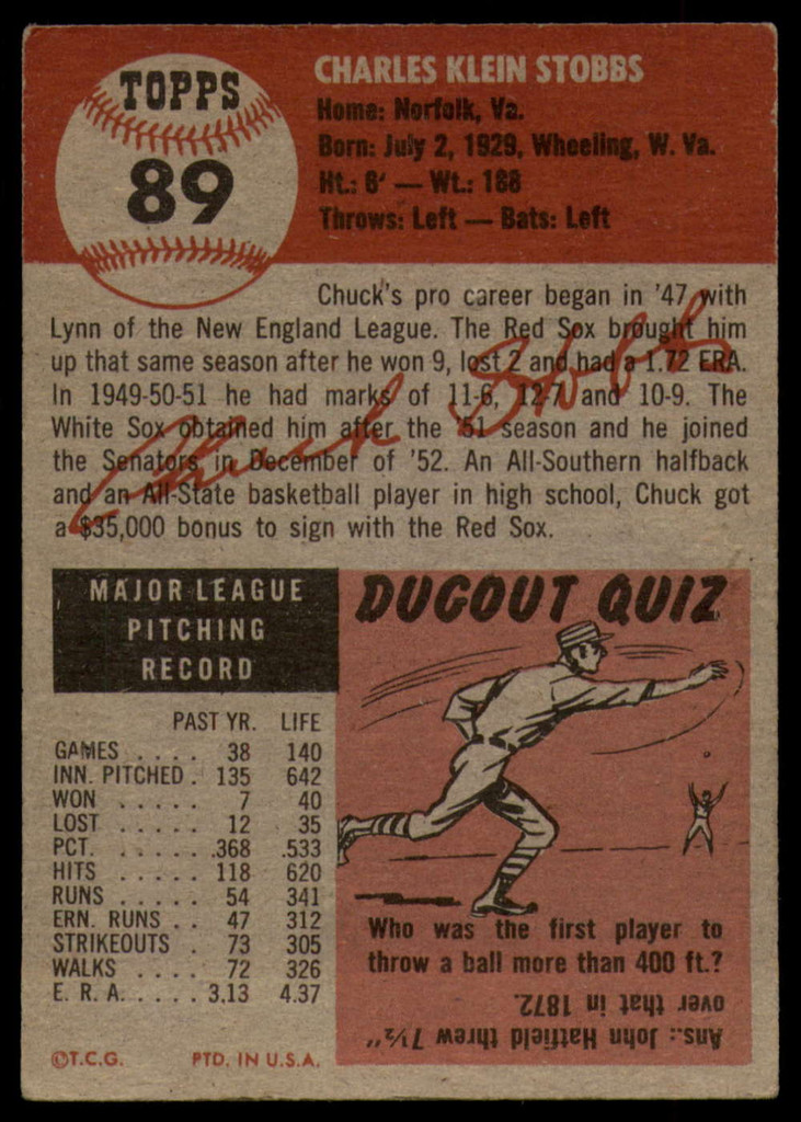 1953 Topps #89 Chuck Stobbs DP Very Good  ID: 137350