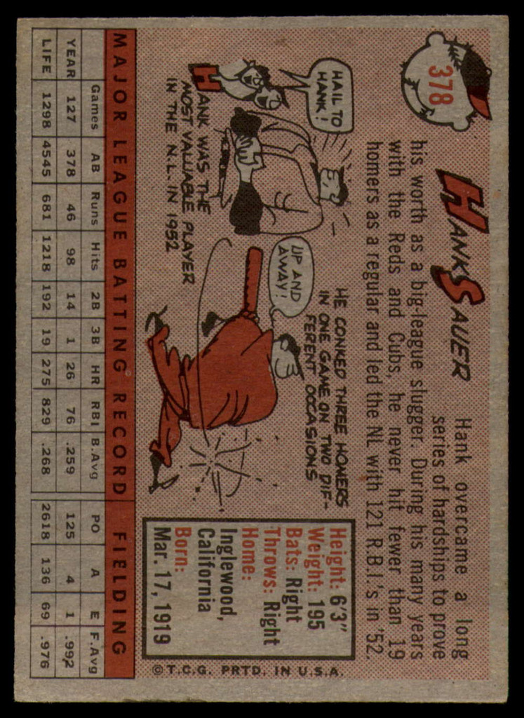 1958 Topps #378 Hank Sauer EX++ Excellent++ 