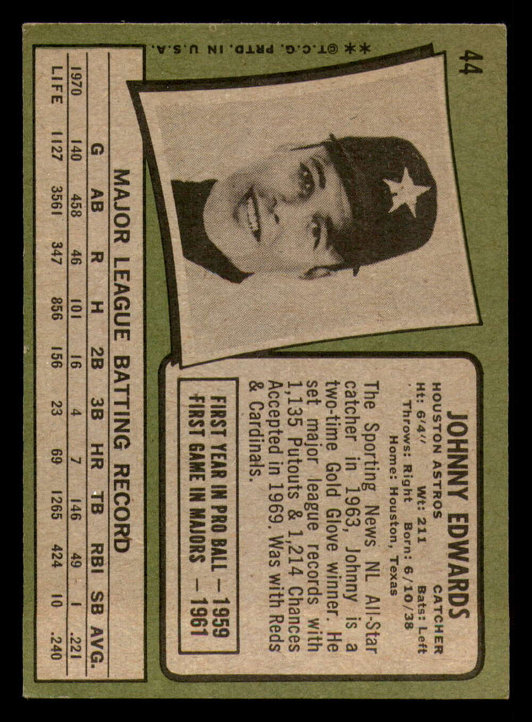 1971 Topps # 44 Johnny Edwards Excellent+  ID: 292046