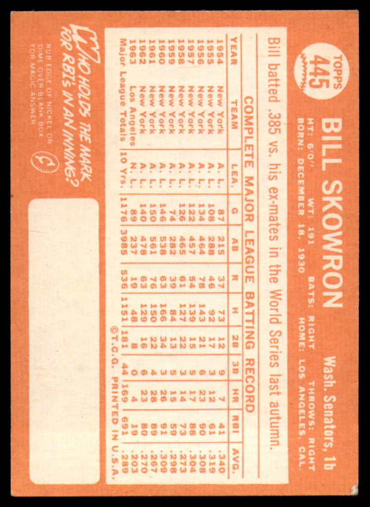 1964 Topps #445 Bill Skowron Excellent  ID: 160441