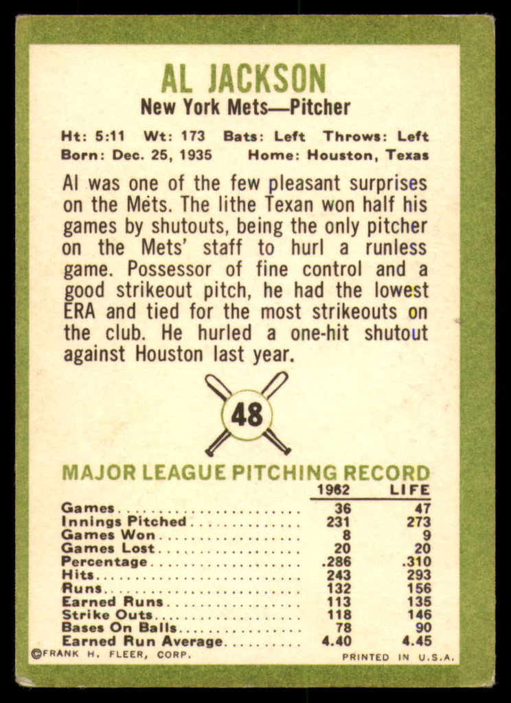 1963 Fleer #48 Al Jackson VG Very Good  ID: 114888