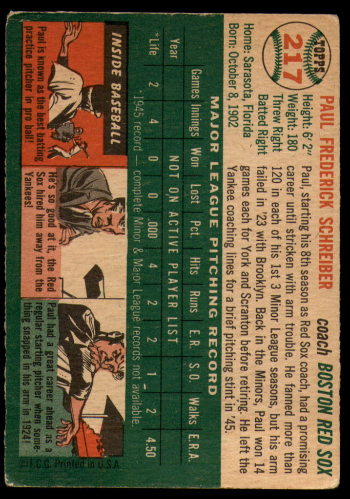 1954 Topps #217 Paul Schreiber CO Very Good RC Rookie ID: 137425
