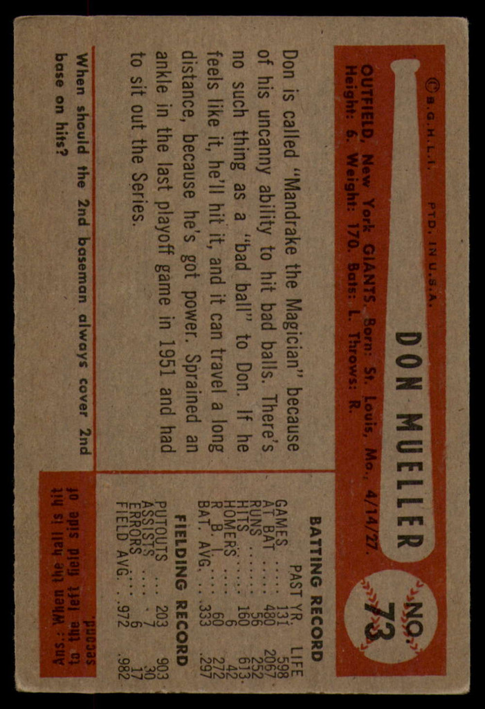 1954 Bowman #73 Don Mueller VG/EX Very Good/Excellent 