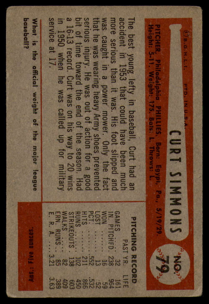 1954 Bowman #79 Curt Simmons VG-EX 
