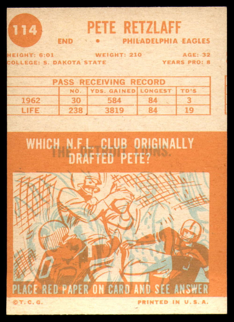 1963 Topps #114 Pete Retzlaff Excellent+ SP ID: 136446