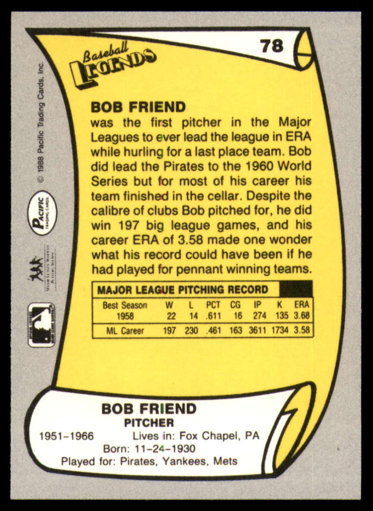 1988 Pacific Legends I #78 Bob Friend Signed Auto 