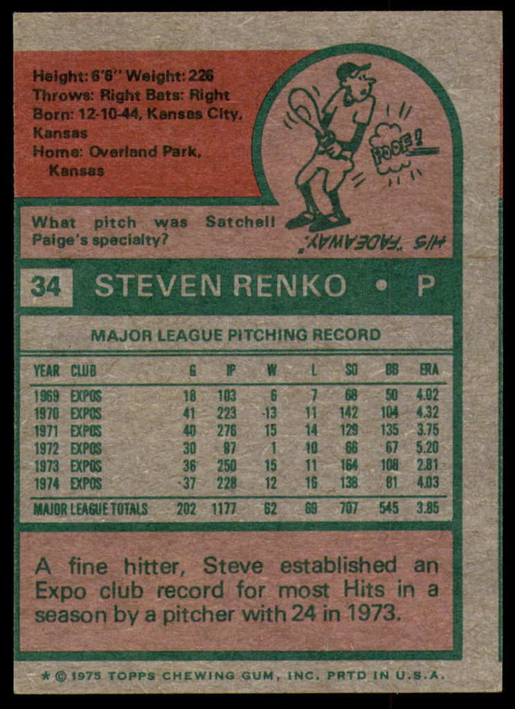 1975 Topps # 34 Steve Renko Near Mint or Better  ID: 207121