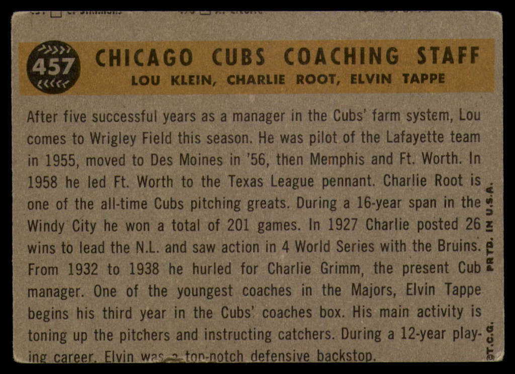 1960 Topps #457 Cubs Coaches EX Excellent 