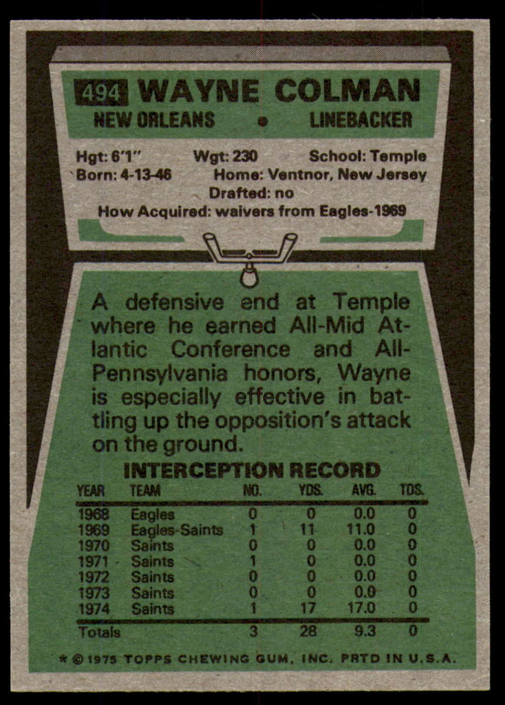1975 Topps #494 Wayne Colman Near Mint or Better  ID: 209455