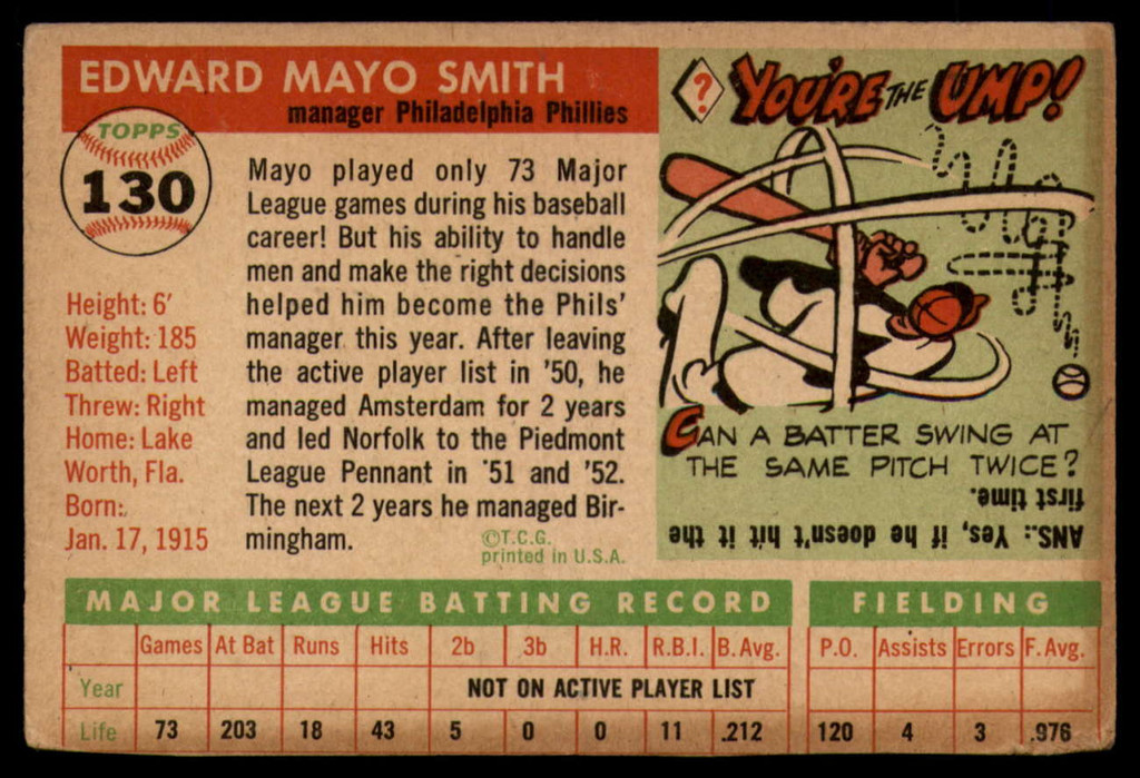 1955 Topps #130 Mayo Smith MG VG Very Good RC Rookie