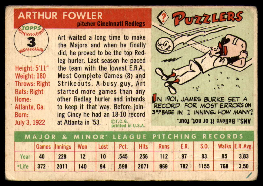 1955 Topps #3 Art Fowler VG Very Good RC Rookie ID: 106530