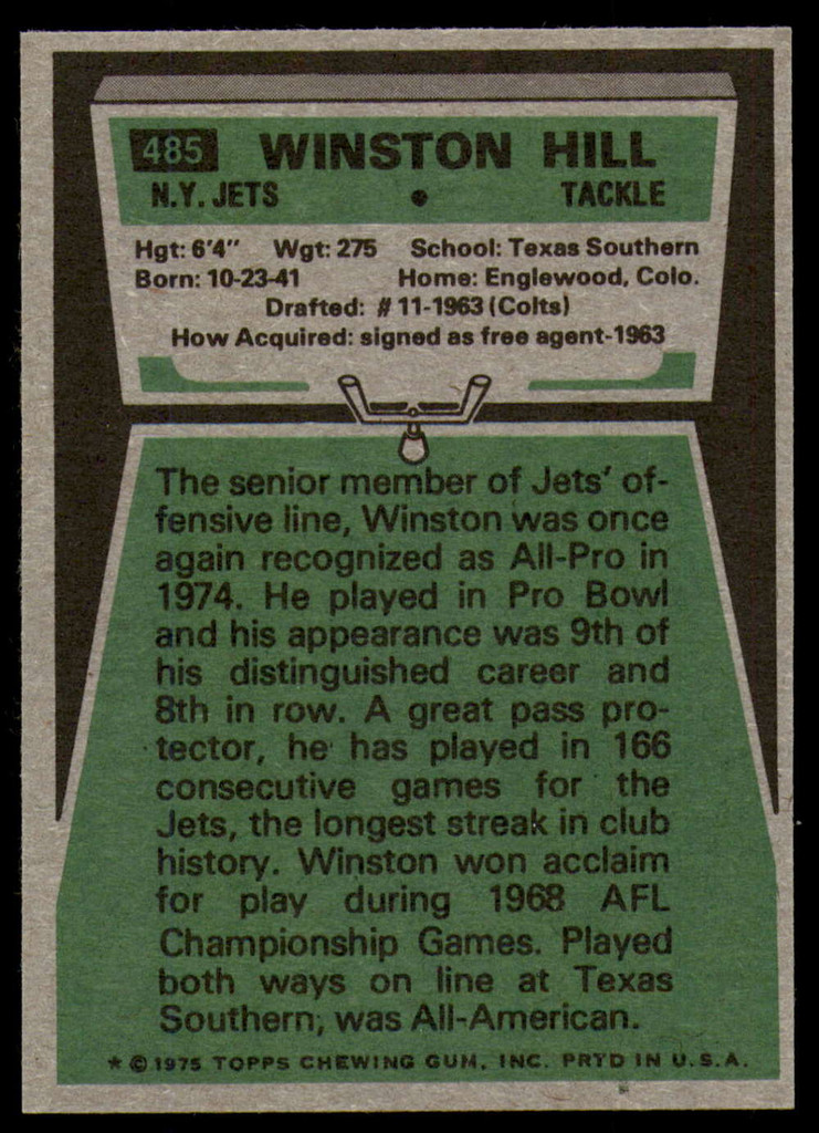 1975 Topps #485 Winston Hill Near Mint or Better  ID: 209476