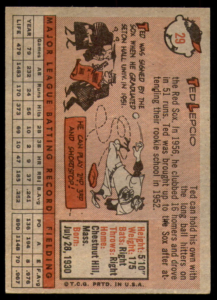 1958 Topps #29 Ted Lepcio UER Very Good  ID: 183863