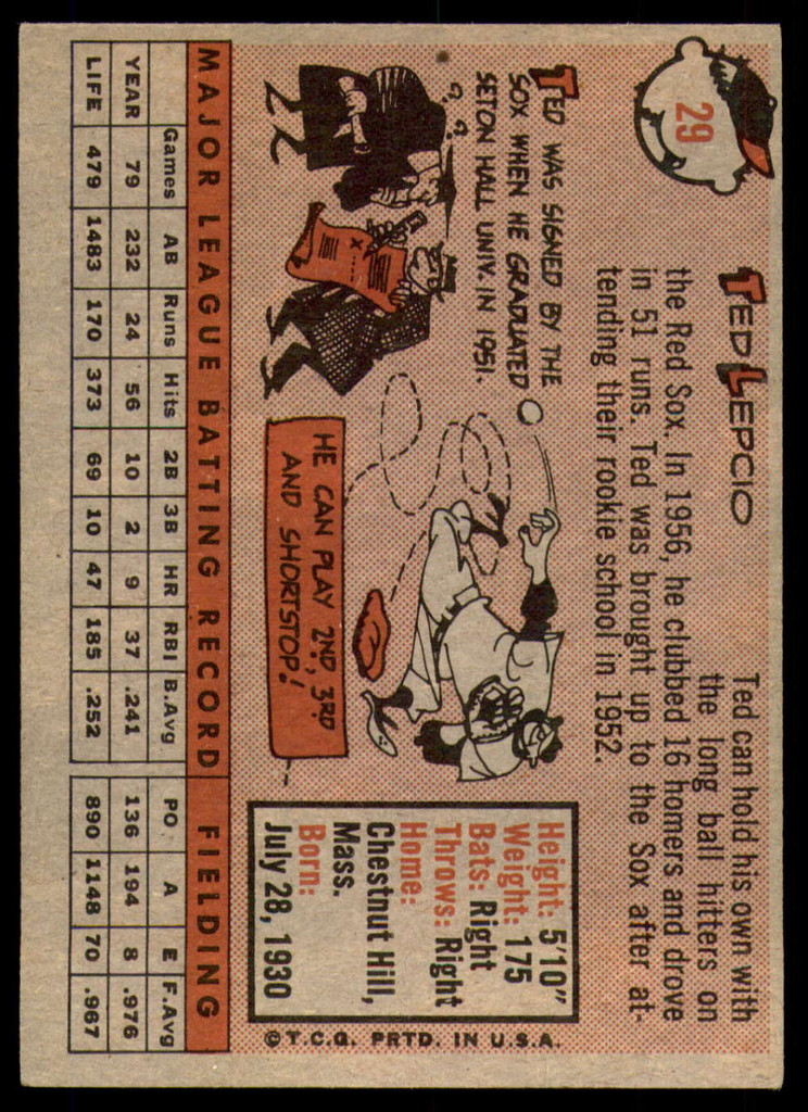 1958 Topps #29 Ted Lepcio UER Very Good  ID: 183864