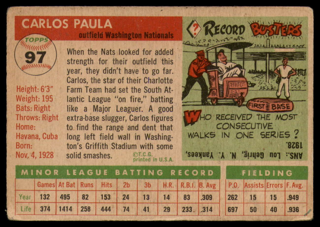 1955 Topps #97 Carlos Paula VG Very Good RC Rookie ID: 106588