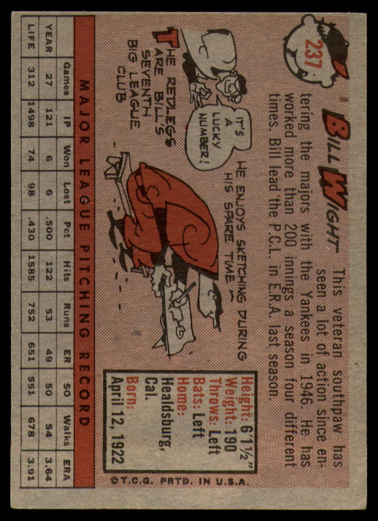 1958 Topps #237 Bill Wight UER EX Excellent 