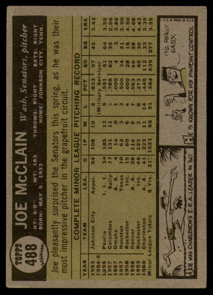 1961 Topps #488 Joe McClain Excellent RC Rookie ID: 156523