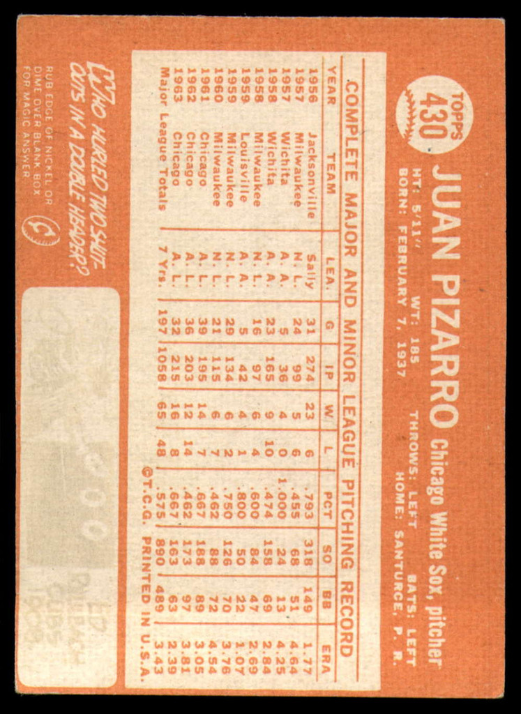 1964 Topps #430 Juan Pizarro Excellent  ID: 160363