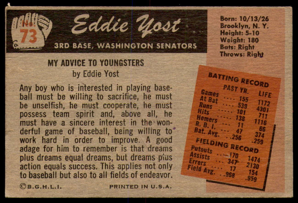 1955 Bowman #73 Eddie Yost G-VG 