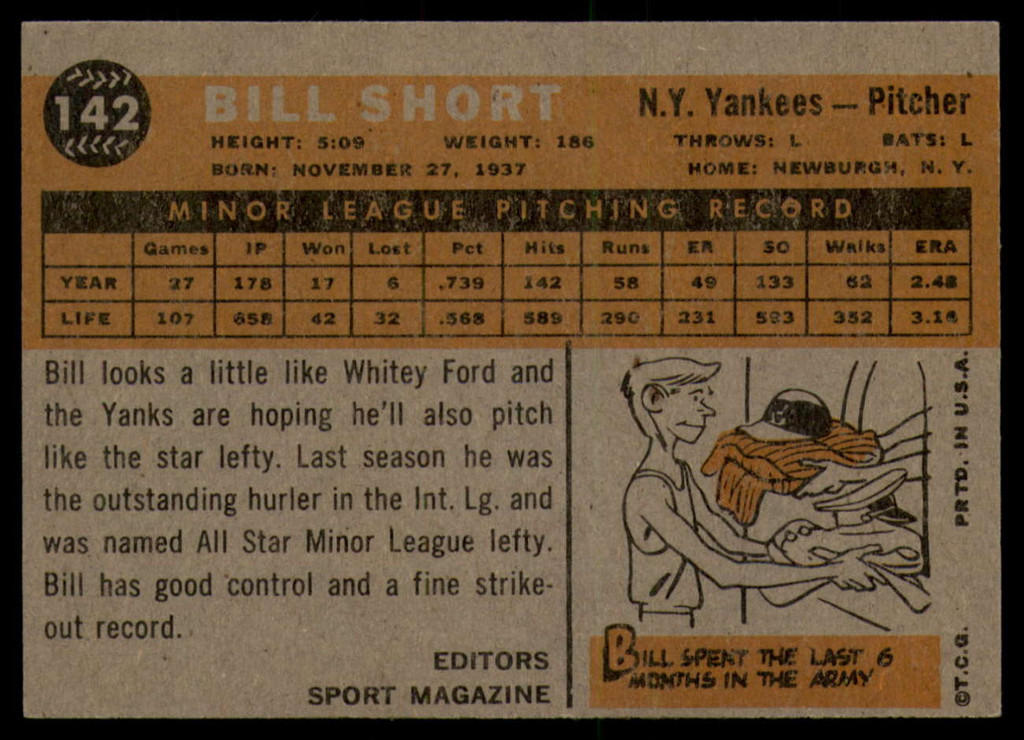 1960 Topps #142 Bill Short RS Near Mint RC Rookie