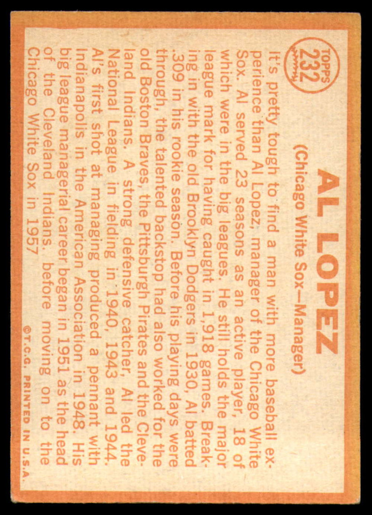 1964 Topps #232 Al Lopez MG Excellent  ID: 163732