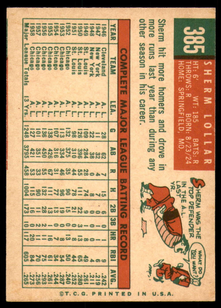 1959 Topps #385 Sherm Lollar Excellent  ID: 190624