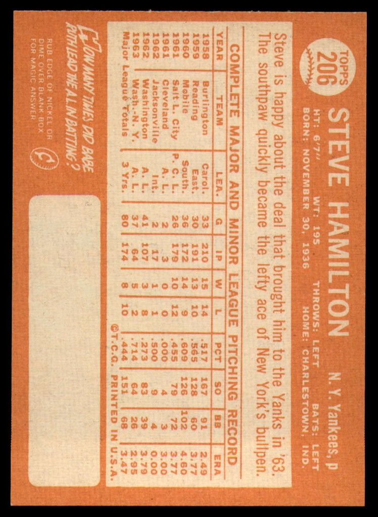 1964 Topps #206 Steve Hamilton NM Near Mint  ID: 129714