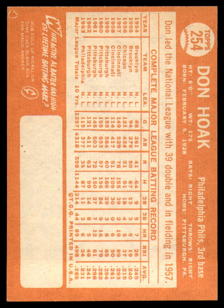 1964 Topps #254 Don Hoak Ex-Mint  ID: 163774