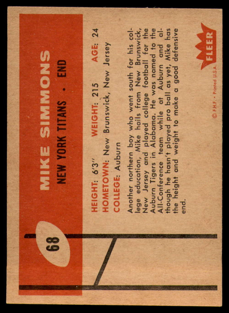 1960 Fleer #68 Mike Simmons NM Near Mint  ID: 120532