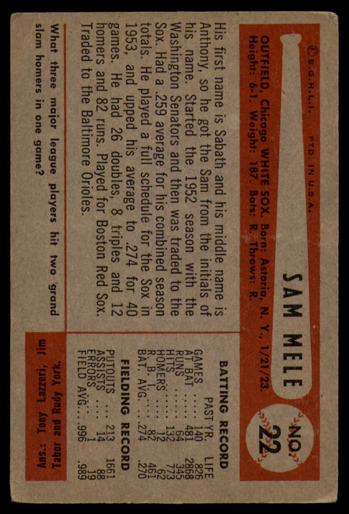 1954 Bowman #22 Sam Mele Very Good  ID: 138460